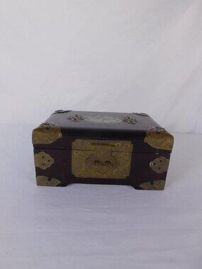 Vintage Chinese Wood Jewelry Box Brass Hardware Jade Inlay Style Lined Trinket
